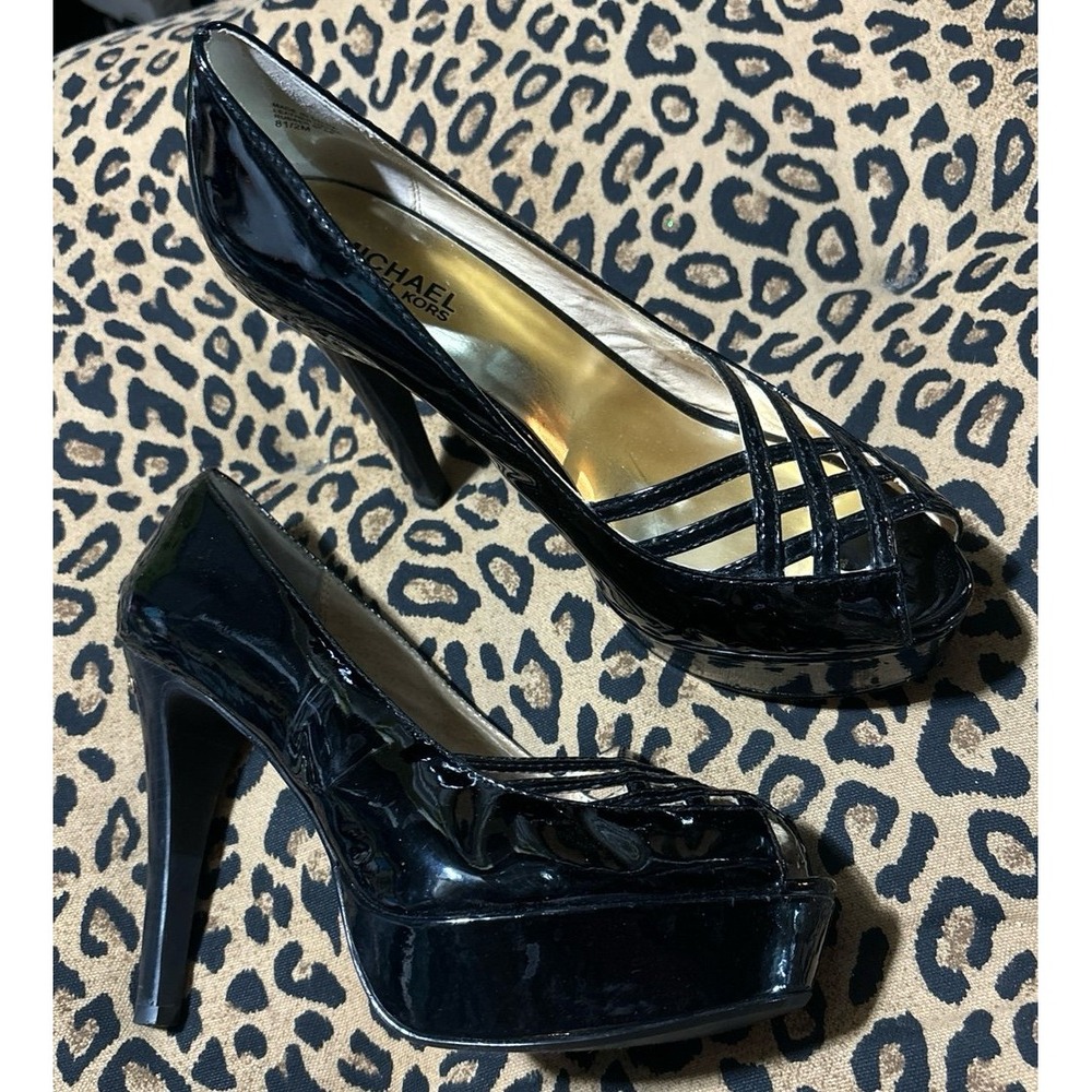 Michael Kors Black Shiny‎ Patent Leather Platform Stiletto Pumps Heels, Size 8.5